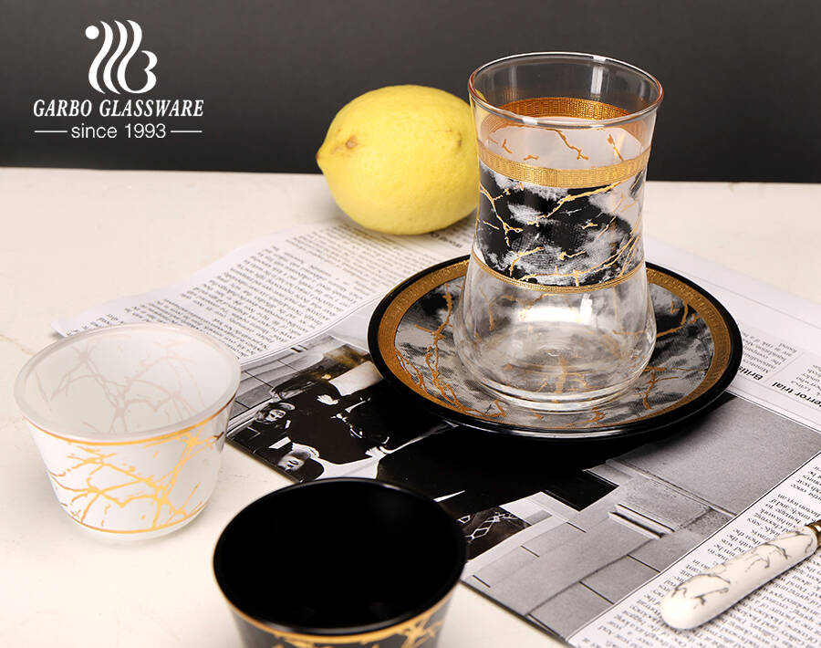 High-quality blown Turkish glass tea coffee mug with classical golden marble design for home cafe use