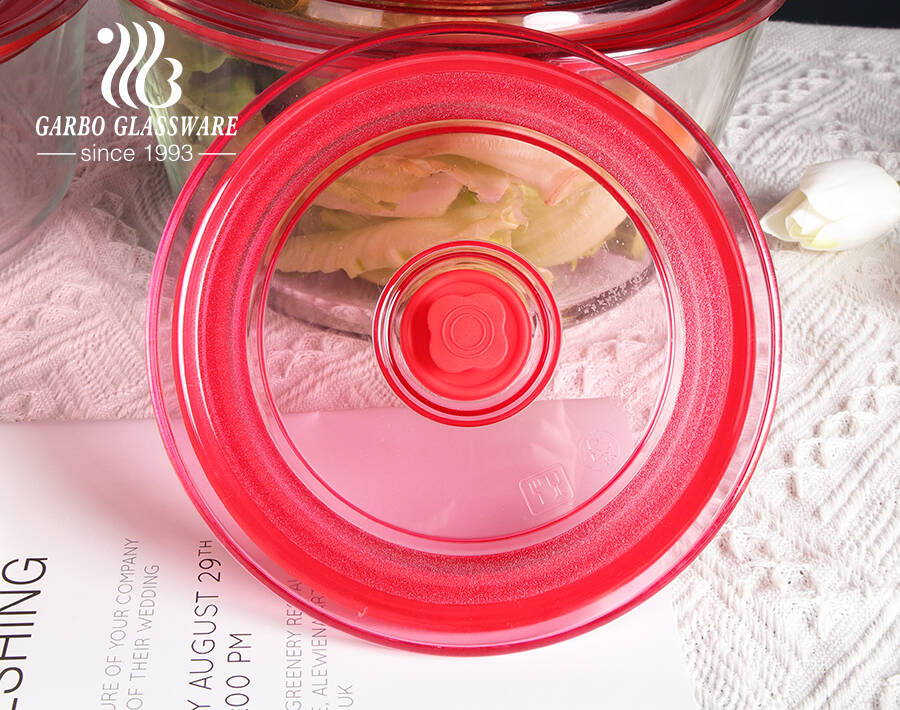 حاوية طعام زجاجية دائرية من البورسليكات عالية المقاومة للحرارة من المصنع مع غطاء بلاستيكي محكم الإغلاق مع فتحة هواء