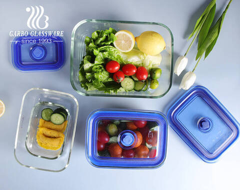 Contenitore per alimenti in vetro ad alto borosilicato realizzato a macchina, contenitore per alimenti quadrato con coperchio in plastica colorata con foro per l'aria