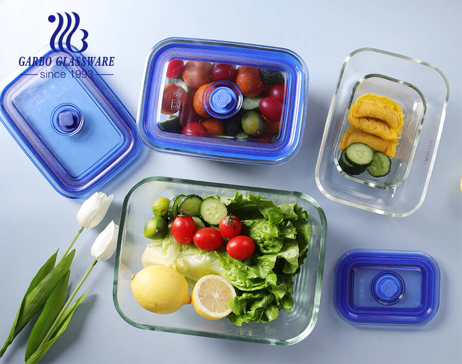 Contenitore per alimenti in vetro ad alto borosilicato realizzato a macchina, contenitore per alimenti quadrato con coperchio in plastica colorata con foro per l'aria