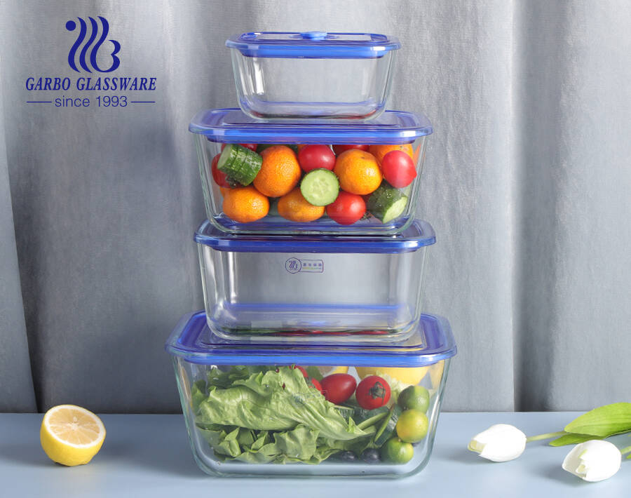 Contenitore per alimenti in vetro ad alto borosilicato realizzato a macchina, contenitore per alimenti quadrato con coperchio in plastica colorata con foro per l'aria