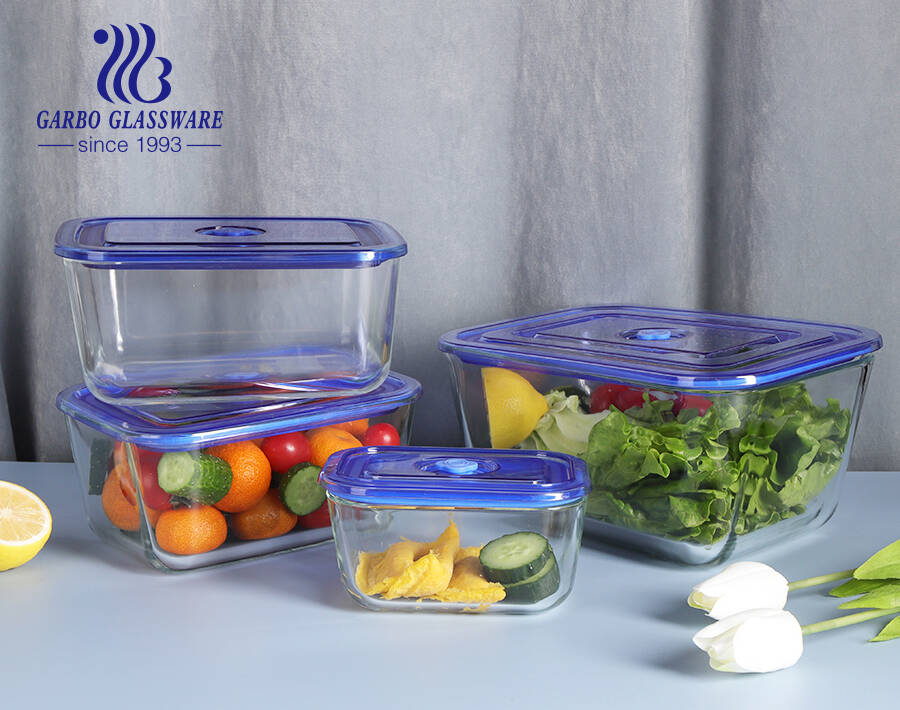 Contenitore per alimenti in vetro ad alto borosilicato realizzato a macchina, contenitore per alimenti quadrato con coperchio in plastica colorata con foro per l'aria