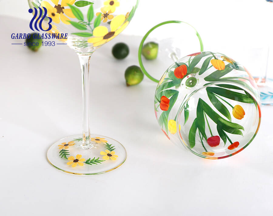 Elegant Red Wine Goblet Gin Glass with Long Stem and hand painting pattern design