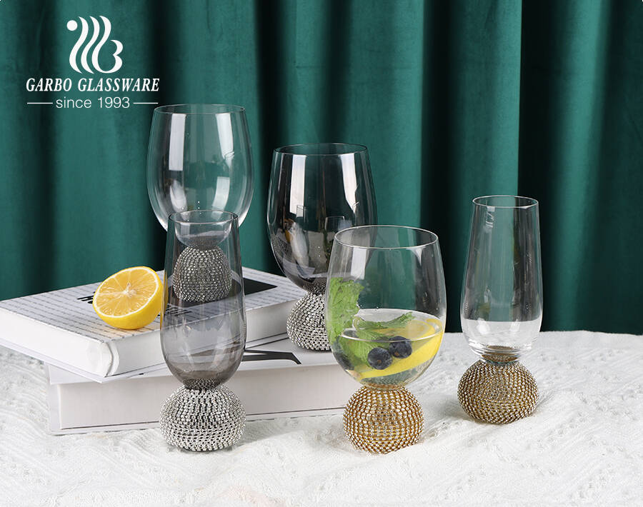 Exquisite handmade glassware ion elextroplated glass tumbler with extra artificial diamond stem