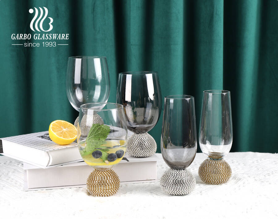 Exquisite handmade glassware ion elextroplated glass tumbler with extra artificial diamond stem