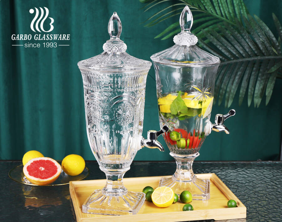 Factory High-white Embossed Glass Beverage Wine Dispenser with Metal Stopcock Engraved Sunflower Pattern Coconut Tree