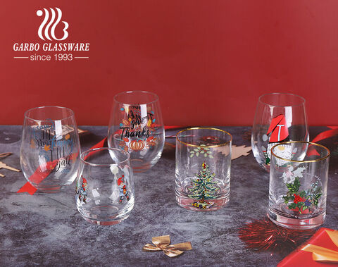 12 Unzen 340 ml Luxus-Weihnachtsaufkleber-Design Goldrand Eiform Tasse aus mundgeblasenem Glas