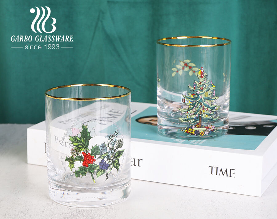 12 Unzen 340 ml Luxus-Weihnachtsaufkleber-Design Goldrand Eiform Tasse aus mundgeblasenem Glas