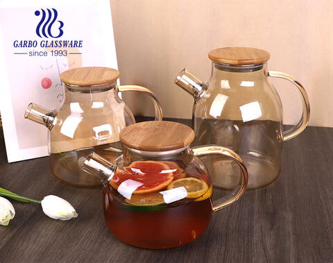 Golden color glass tea pot 1L popular glass water jug with bamboo lid 