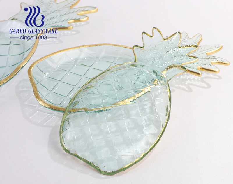 Handmade pressed pineapple shape glass charger plates with gold rim