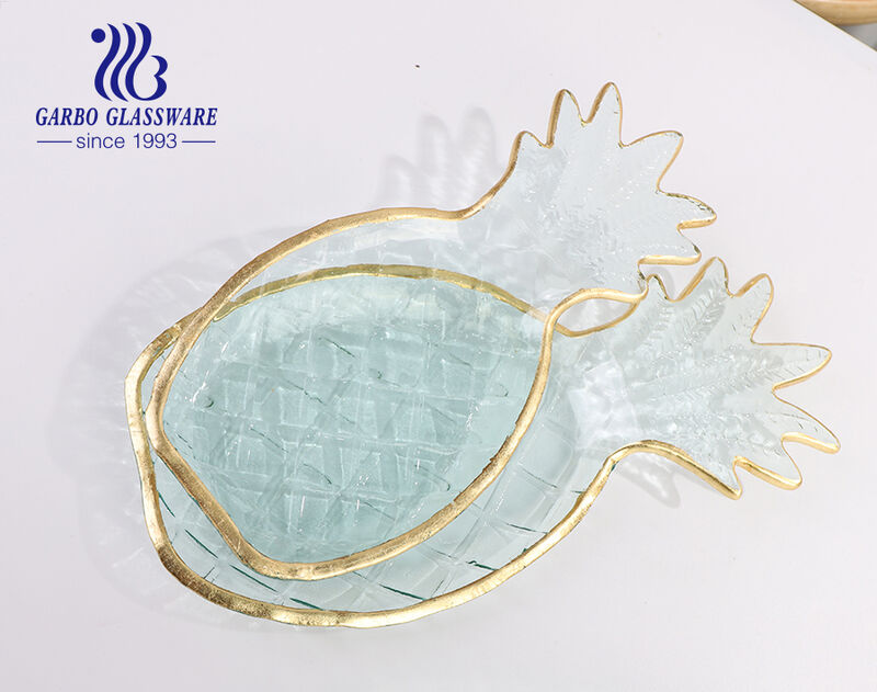 Handmade pressed pineapple shape glass charger plates with gold rim