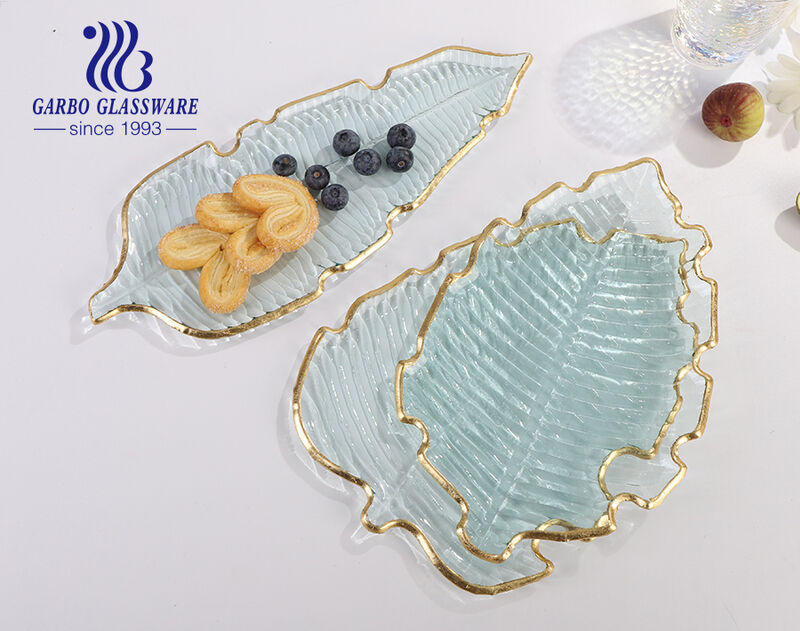 Handmade hot sale leaf shape gift wedding serving glass plate with golden rim