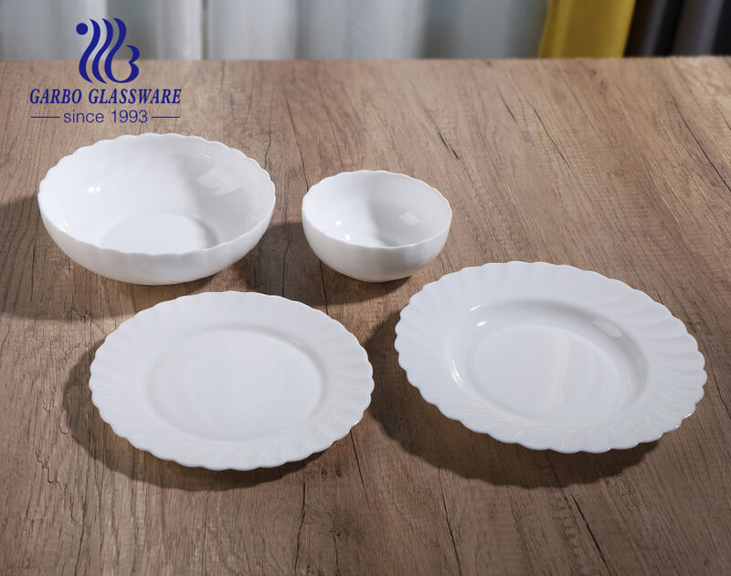 White opal glass food bowls and plates with petal ruffle edge