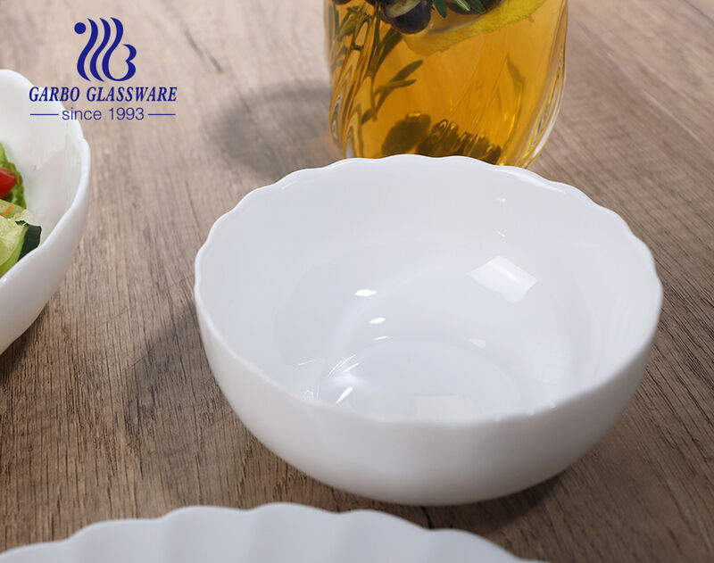 White opal glass food bowls and plates with petal ruffle edge