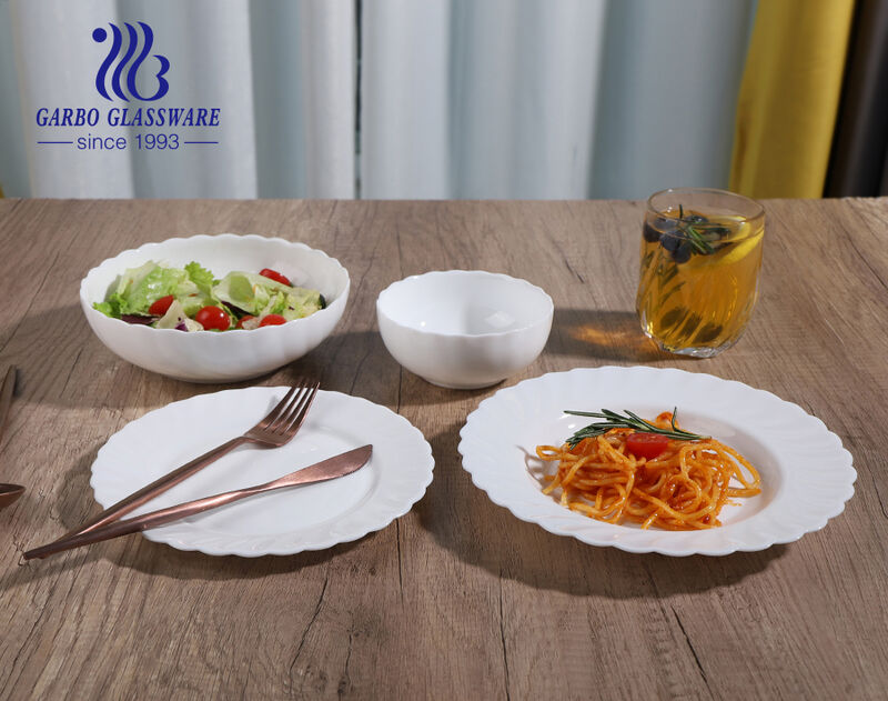 White opal glass food bowls and plates with petal ruffle edge