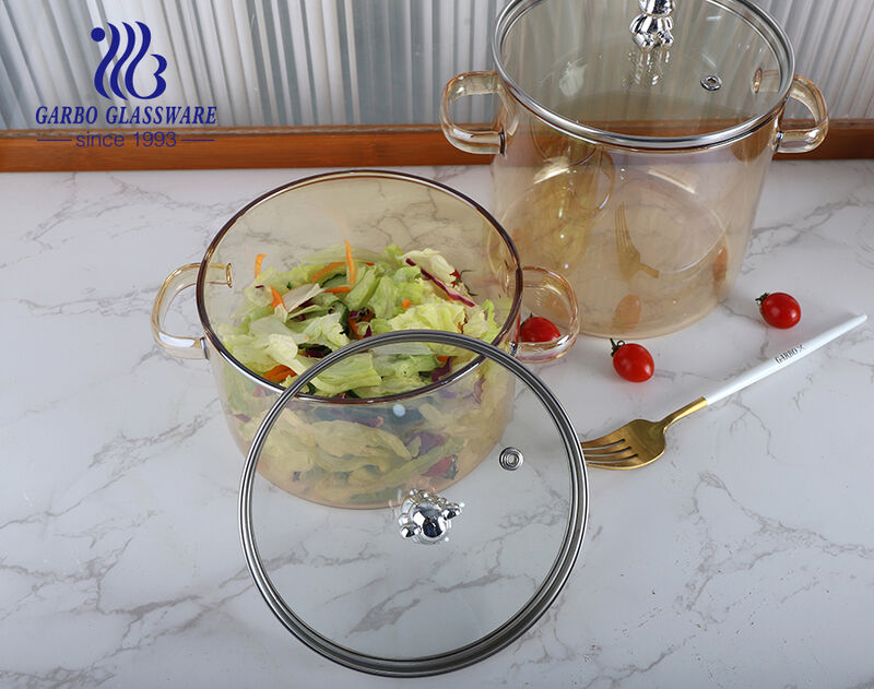 Olla de cocción con revestimiento iónico de vidrio ámbar resistente al calor de alto borosilicato con diseño de mango