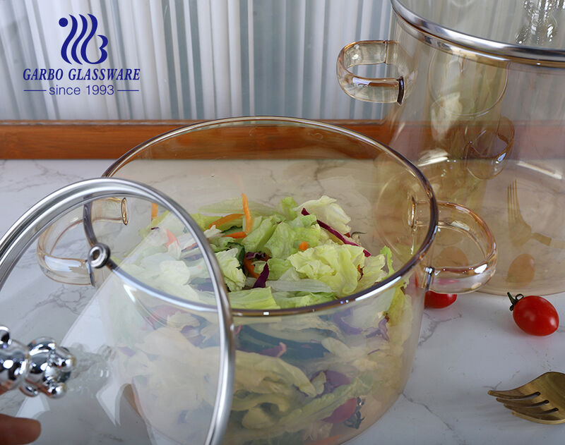 China High borosilicate heat-resistant glass amber ion-plating cooking pot  with handle design