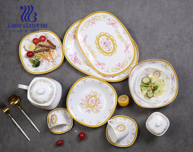 Personalized custom logo hot selling in Eygpt wholesale market square shape 58pcs opal glass dinnerware set