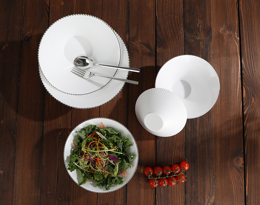 Luxury opal glassware dinner set with strip shape and silver rim decoration