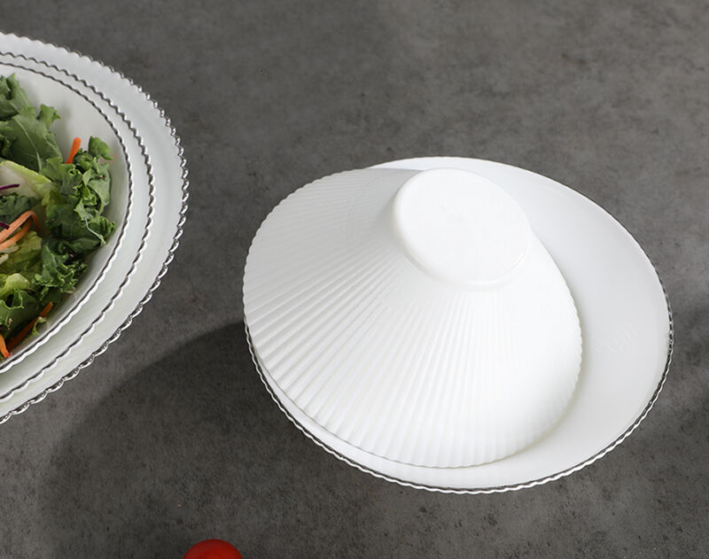 Luxury opal glassware dinner set with strip shape and silver rim decoration