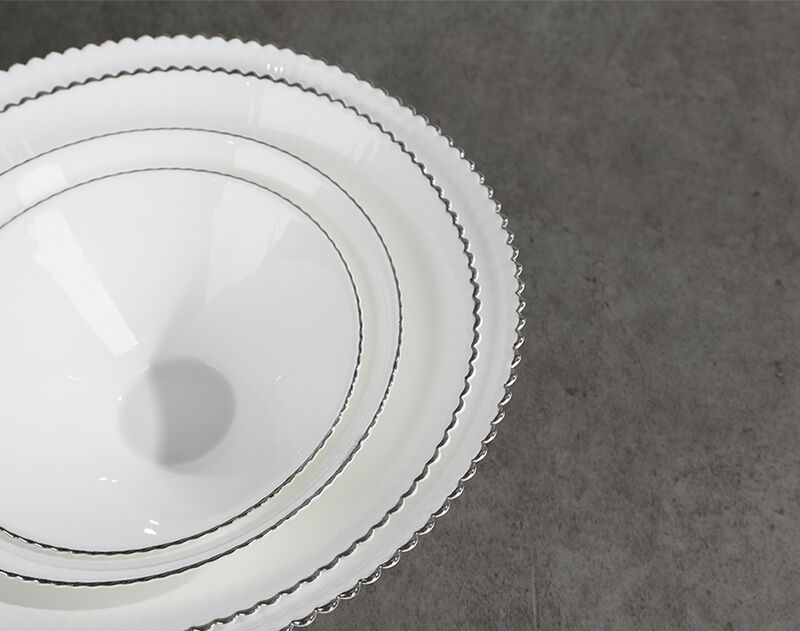 Luxury opal glassware dinner set with strip shape and silver rim decoration