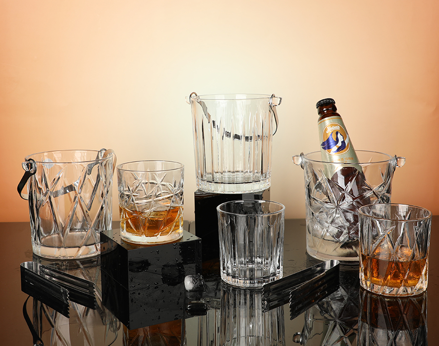 High-end ice glass bucket with stainless steel handle for American and European market