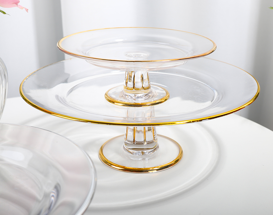 Round Shape Gold Silver Rim Plates With Glass Holder for Desserts Fruit Foods