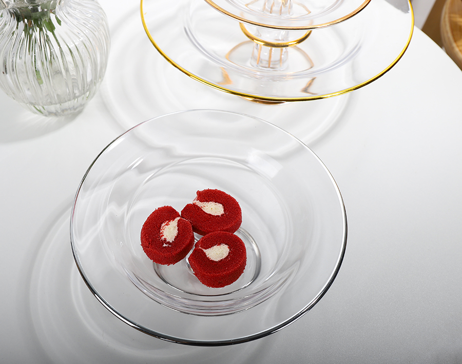 Round Shape Gold Silver Rim Plates With Glass Holder for Desserts Fruit Foods