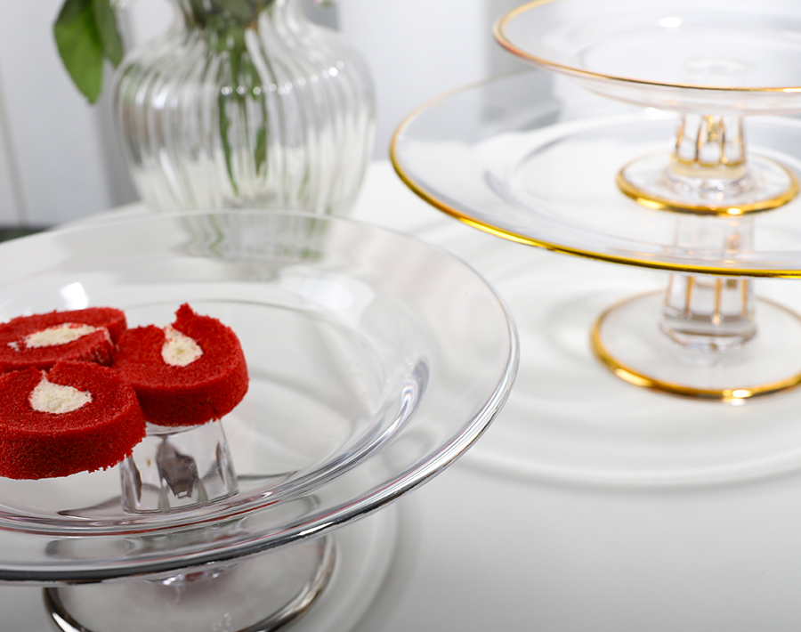 Round Shape Gold Silver Rim Plates With Glass Holder for Desserts Fruit Foods