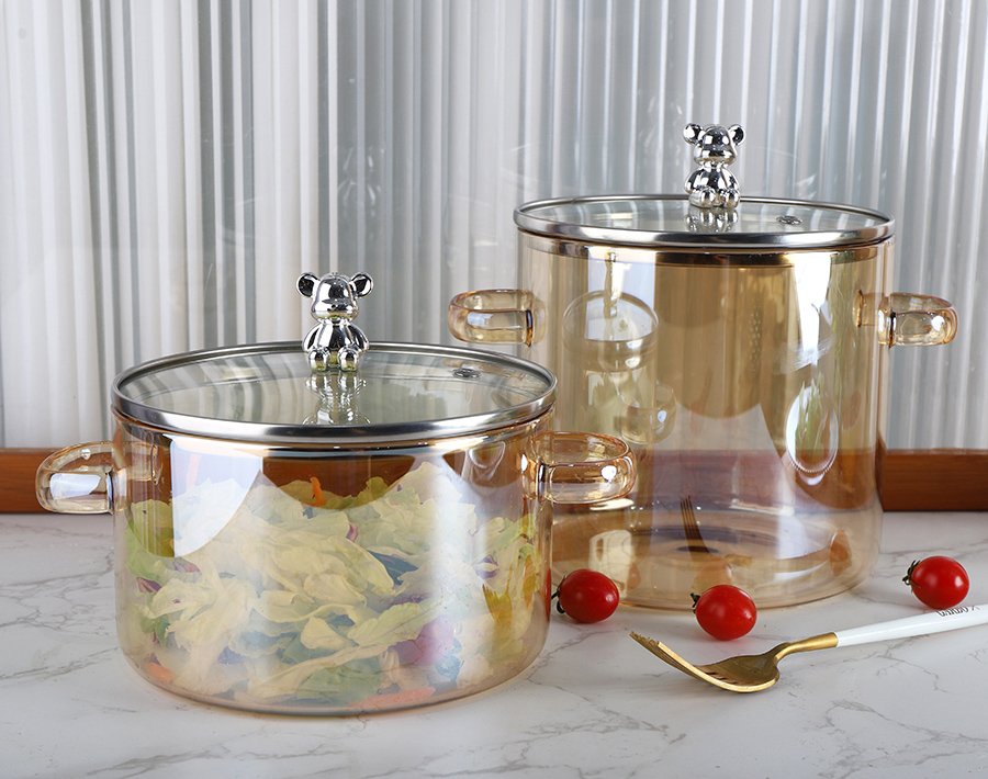 Amber Cooking Glass Pot With Bear Shape Stainless Steel Handle Heat-resistant wholesale china