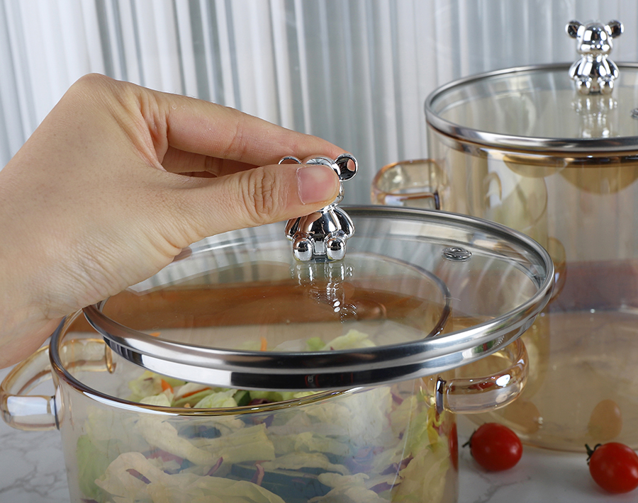 Amber Cooking Glass Pot With Bear Shape Stainless Steel Handle Heat-resistant