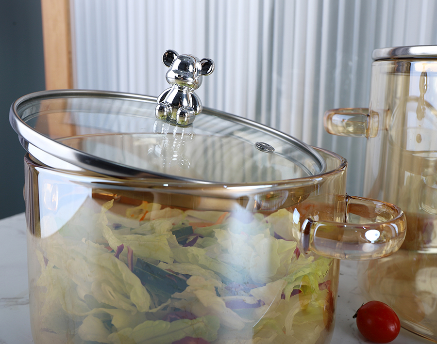 Amber Cooking Glass Pot With Bear Shape Stainless Steel Handle Heat-resistant