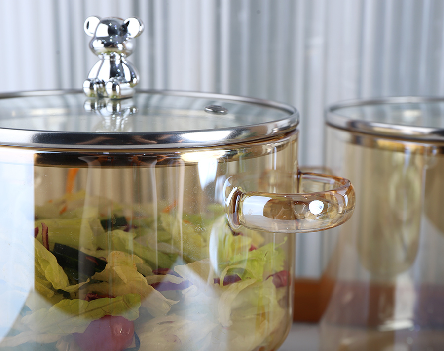 Amber Cooking Glass Pot With Bear Shape Stainless Steel Handle Heat-resistant