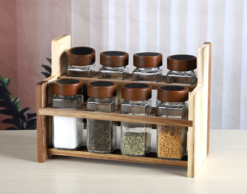 9psc Set Transparent Glass Storge Jar with Wooden Rack Factory