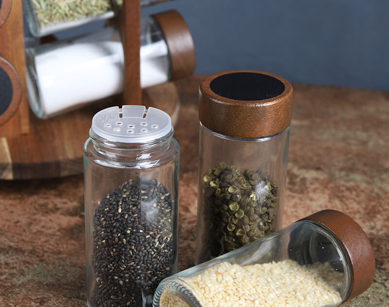 13pcs new glass condiment jar set with wooden shelf vintage jar set