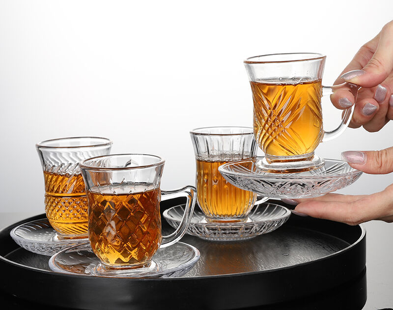 China New engraved design glass tea mug with saucer factory wholesale