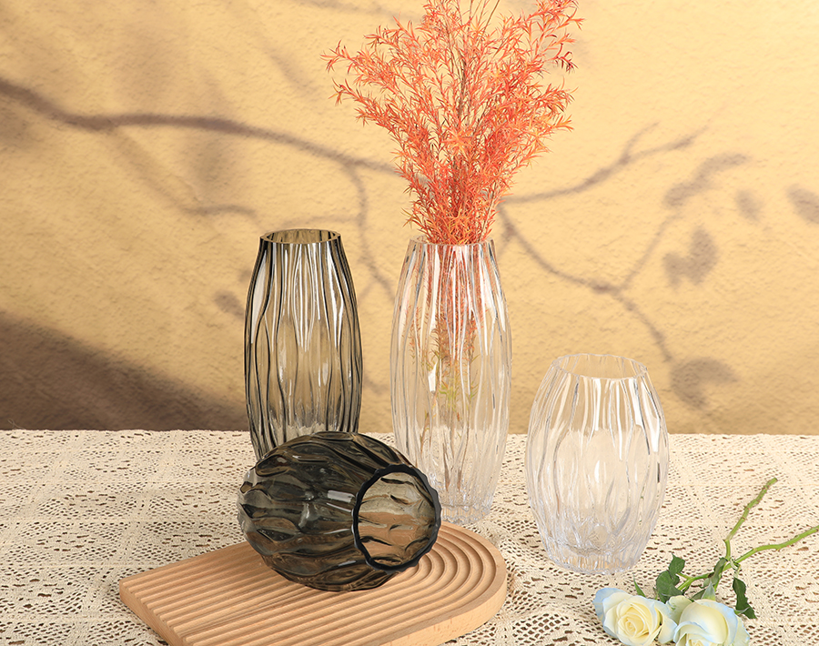 Irregular Deep Engraved Glassware Striped Line Glass Vase 