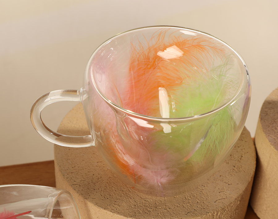 Real feather decoration double wall glass coffee mug