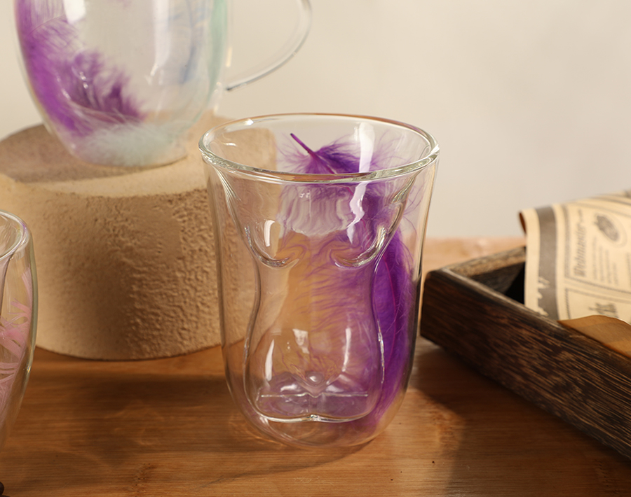 Real feather decoration double wall glass coffee mug