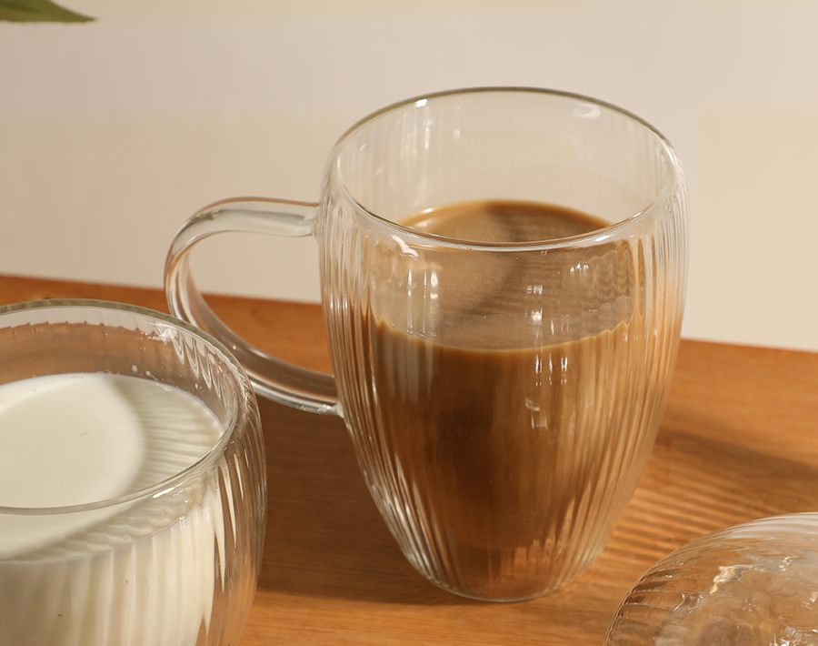 H Line Design Double Wall Glass Cup with Handle Insulated Coffee Mug