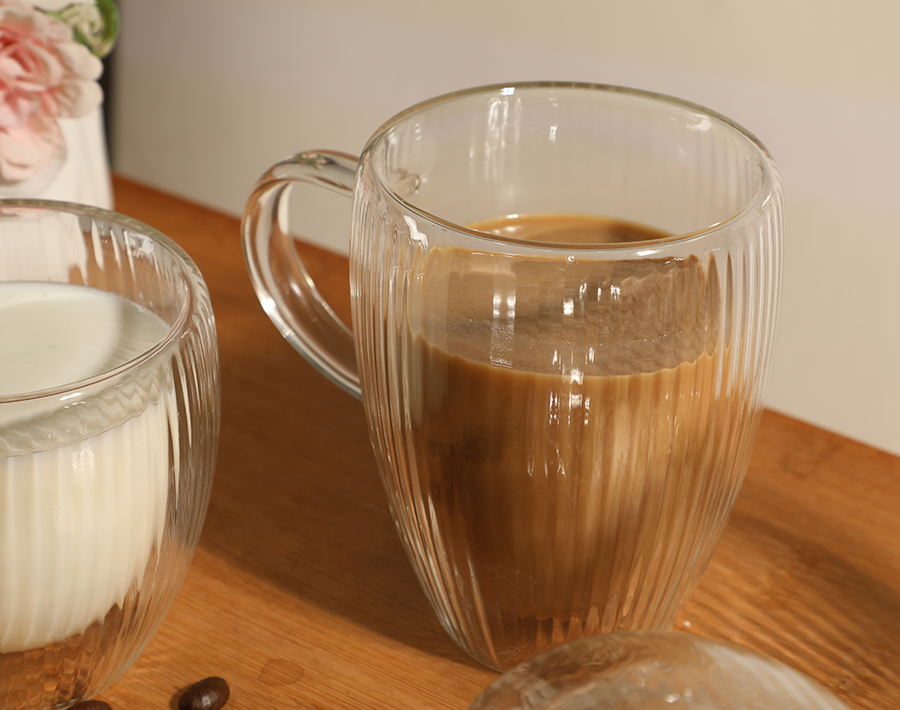 H Line Design Double Wall Glass Cup with Handle Insulated Coffee Mug