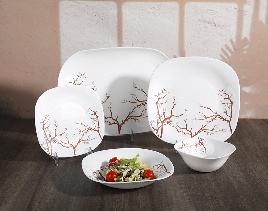 Factory 25PCS Set Opal Glass Tableware with Tree Pattern