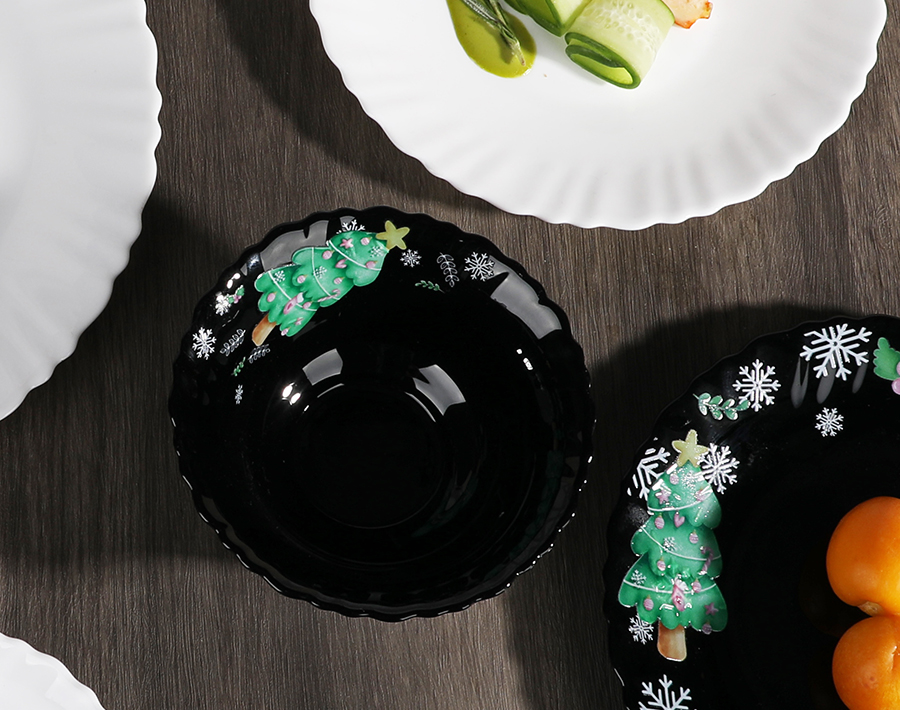 Christmas Festival Decor Black Opal Glass Plates Sets Gathering Atmosphere
