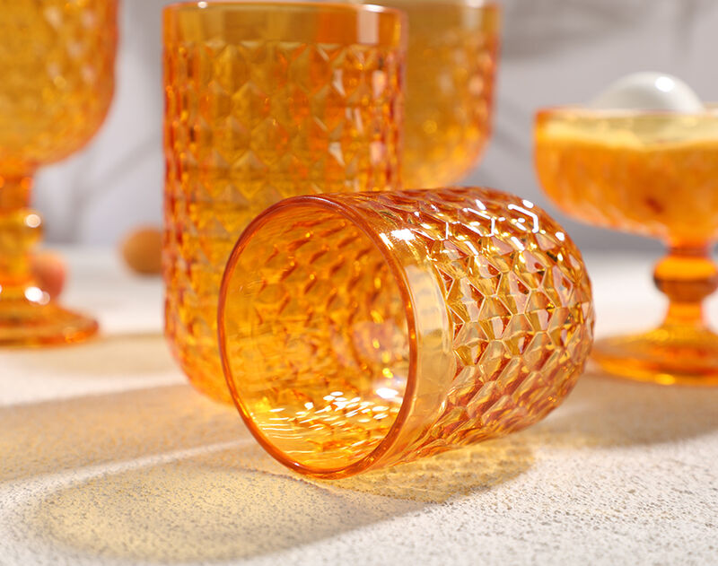 Hexagon Engraved Pattern Glass Goblets Orange Glassware Sets for Ice Wine Water