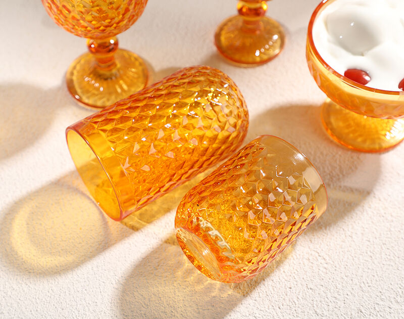 Hexagon Engraved Pattern Glass Goblets Orange Glassware Sets for Ice Wine Water