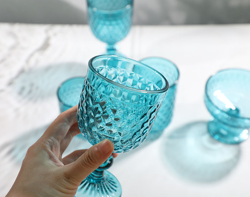 Sky blue solid color honeycomb design glass water tumbler goblet glassware