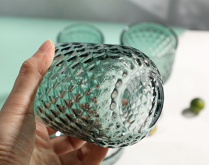 Green solid color honey comb engraved design glassware cup goblet