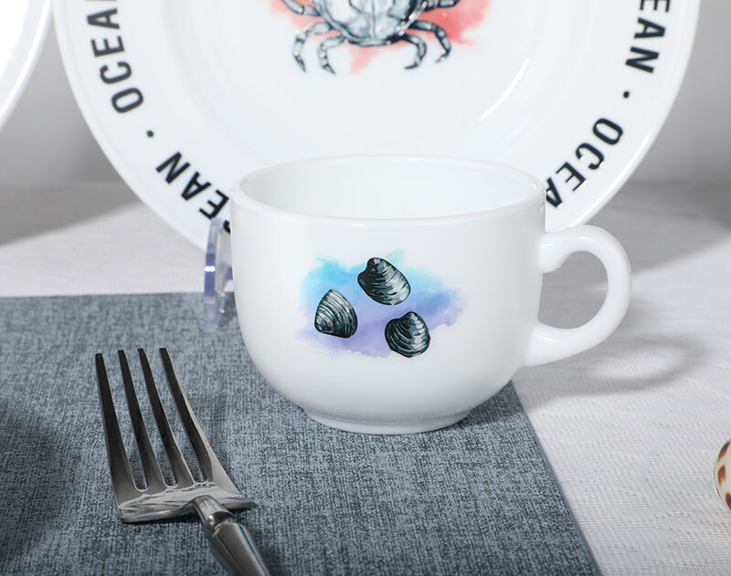 Ocean Series 16-piece White opal dinner set Wholesale Glass plates and Mugs set for 4 persons