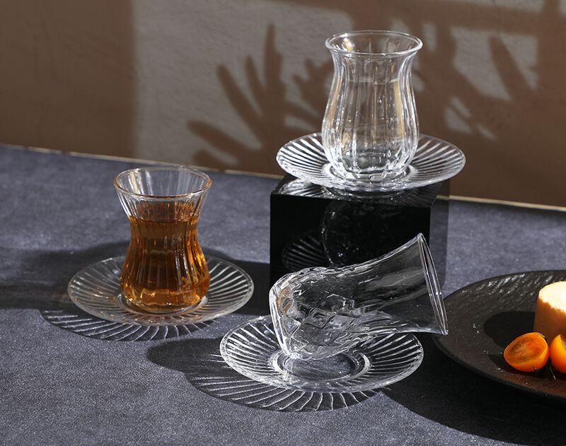 Transparent embossed 135ml tea mug with 4.6 inches saucer set with new design