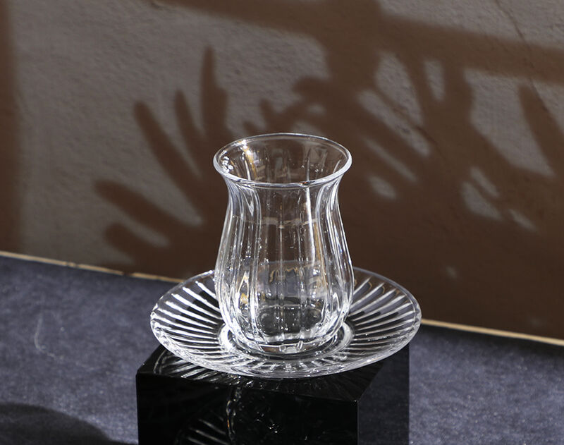 Transparent embossed 135ml tea mug with 4.6 inches saucer set with new design